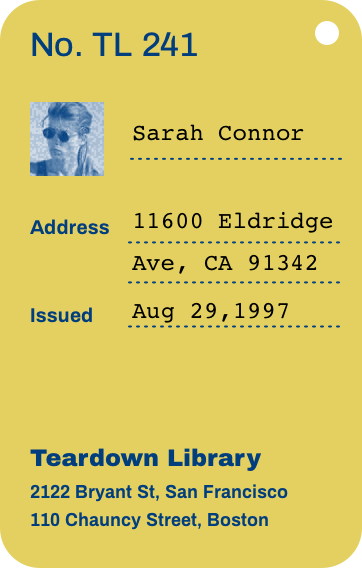 An example of a Teardown Library membership card