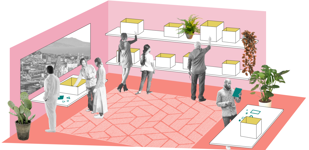 Illustration of the Teardown Library; an architectural collage showing people browsing a library of boxes for electronic parts